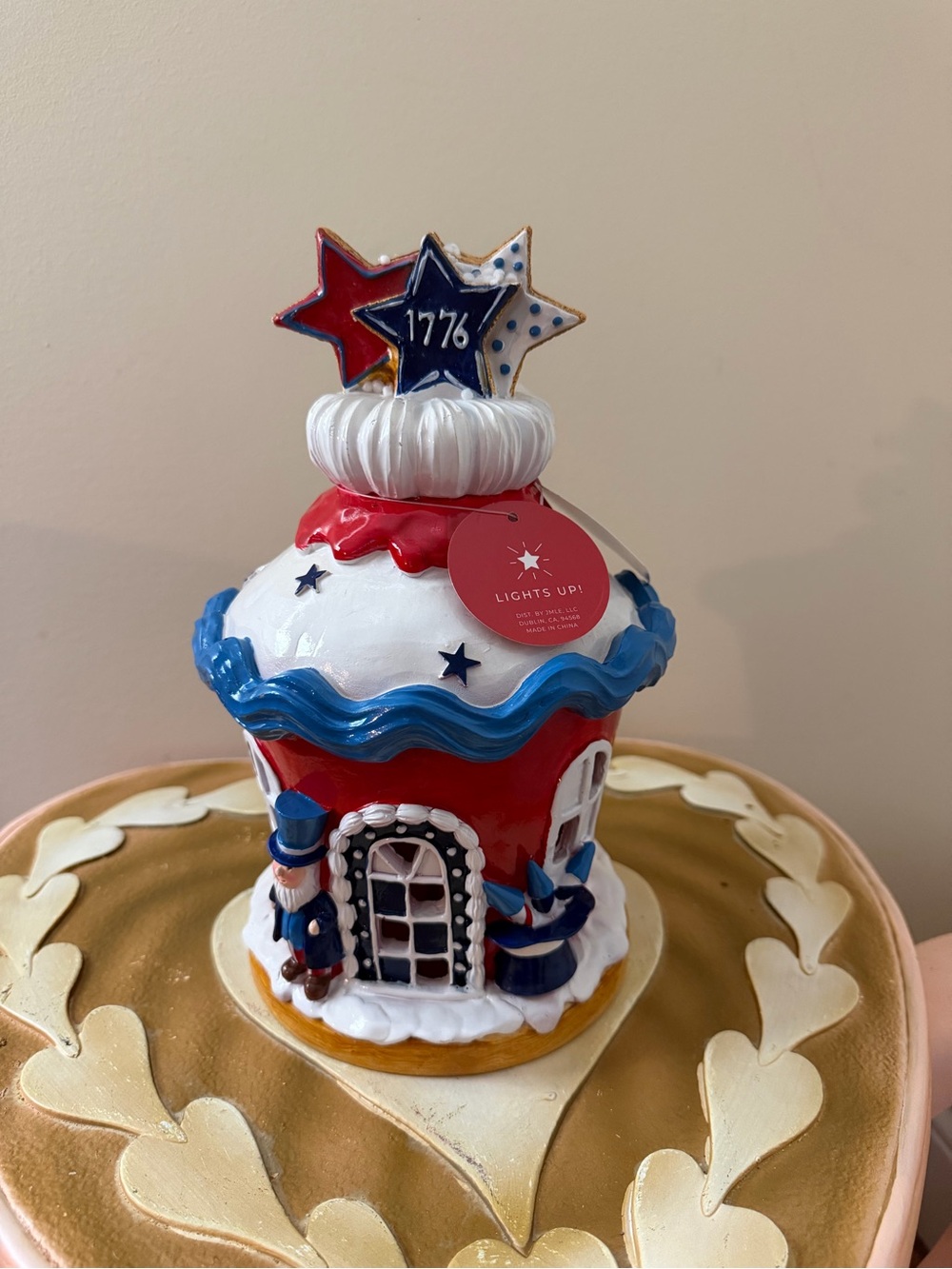 4th of July Patriotic Resin Light Up USA Cupcake House with Uncle Sam